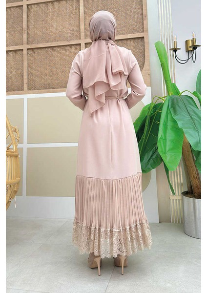 Etek Ucu Piliseli Dantel Görünümlü Kuşaklı Elbise 3890 Taş modelleri