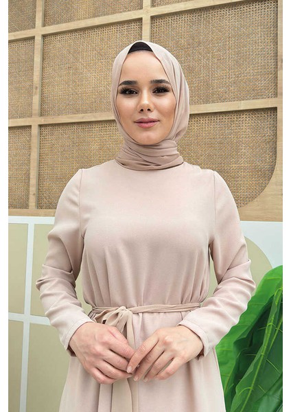 Etek Ucu Piliseli Dantel Görünümlü Kuşaklı Elbise 3890 Taş fırsatları