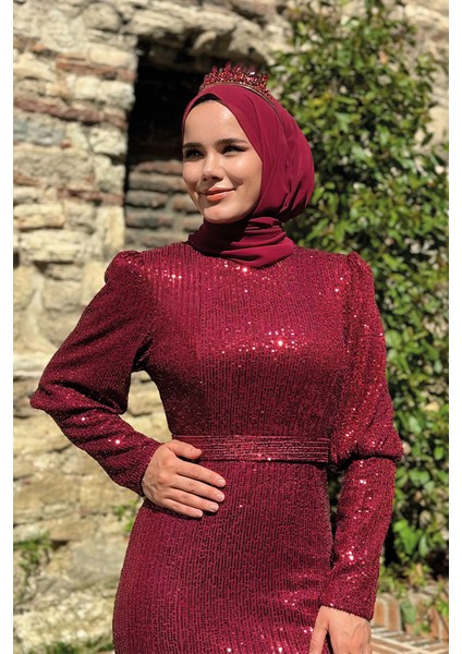 Kemer Aksesuarlı Pul Payet Balık Abiye Elbise 3858 Bordo