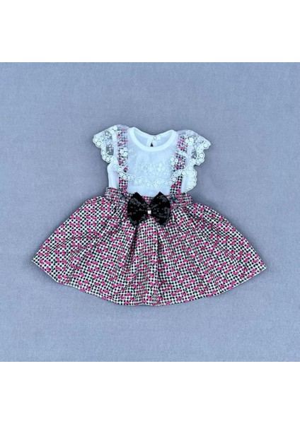 1-2-3 Yaş Kiraz Desenli Salopet Fiyonklu Etek Kısa Kollu Tişörtlü 2li Kız Bebek Takımı