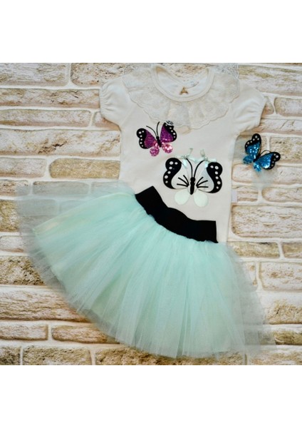 9-12-18 Ay Payetli Kelebek Nakışlı Taçlı Kısa Kollu Tütü Etek 3lü Kız Bebek Takımı