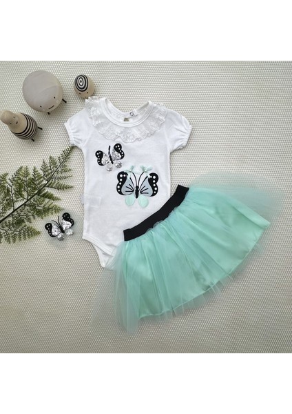 9-12-18 Ay Payetli Kelebek Nakışlı Taçlı Kısa Kollu Tütü Etek 3lü Kız Bebek Takımı fiyatları