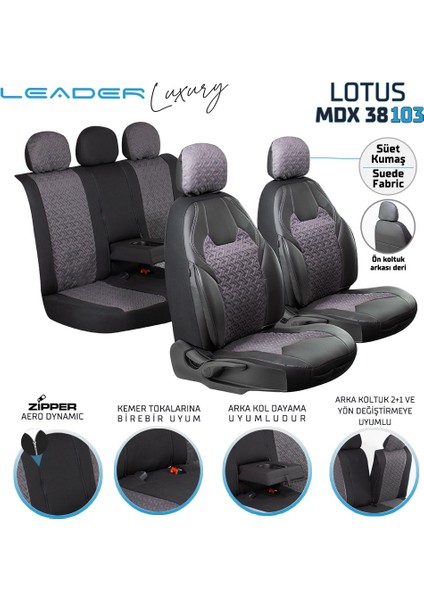 seat Leon Deri Detaylı Süet Kumaş Ön Arka Set Oto Koltuk Kılıfı Siyah Füme Lotus Sc