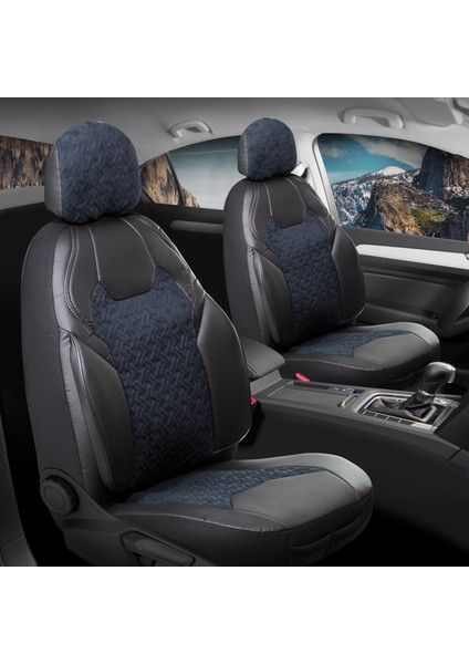 Fiat Egea Cross Deri Detaylı Süet Kumaş Ön Arka Set Oto Koltuk Kılıfı Siyah Mavi Lotus Sc