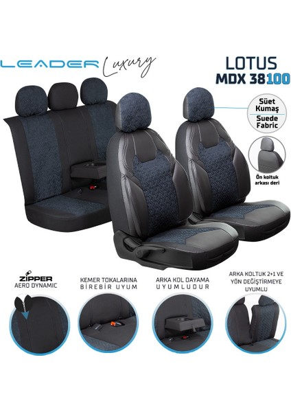 Fiat Egea Cross Deri Detaylı Süet Kumaş Ön Arka Set Oto Koltuk Kılıfı Siyah Mavi Lotus Sc