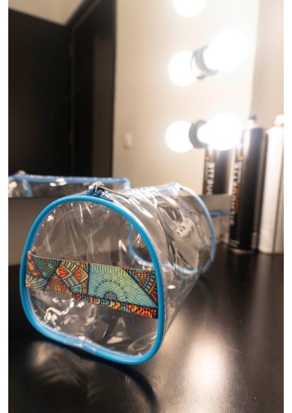 Fırça Desen El Tutmalı Büyük Boy Mavi Şeffaf Tatil Plaj Kozmetik Makyaj ve Bakım Çantası fiyatları