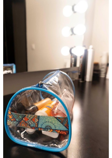 Fırça Desen El Tutmalı Büyük Boy Mavi Şeffaf Tatil Plaj Kozmetik Makyaj ve Bakım Çantası indirimleri