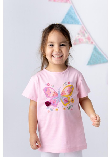 Kız Çocuk Kelebek Baskılı 3 Boyutlu Çiçekli T-Shirt