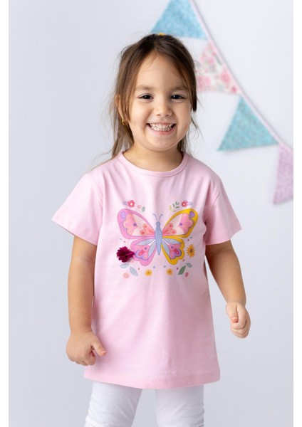 Kız Çocuk Kelebek Baskılı 3 Boyutlu Çiçekli T-Shirt fiyatları