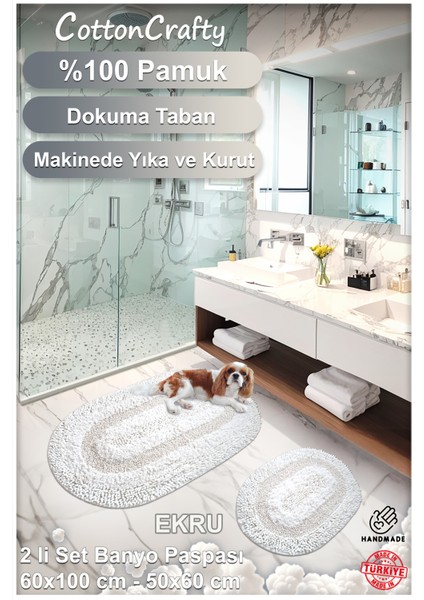 Cotton Crafty %100 Pamuk El Tafting Su Emici Banyo Paspas Seti, Banyo Halısı Cottonway 2 Li Set 60X100 - 60X50