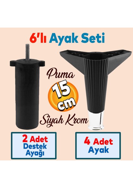 Elista 6'lı Set Mobilya TV Ünitesi Yükseltici M8 Civatalı Destek Ayağı Ayakları 15 cm Siyah Krom