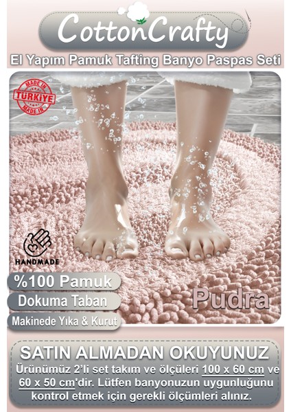 Cotton Crafty %100 Pamuk El Tafting Su Emici Banyo Paspas Seti, Banyo Halısı Cottonway 2 Li Set 60X100 - 60X50