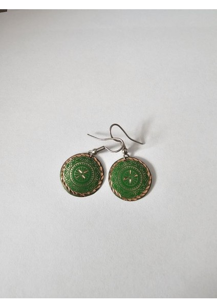 Etnik Işlemeli Bakır Otantik Küpe Yeşil Renk