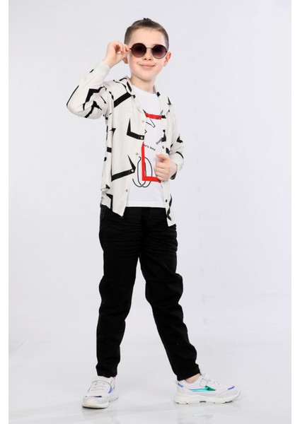 Erkek Çocuk 3'lü Takım Desenli Gömlek, Tişört ve Kot Pantolon MRN2435