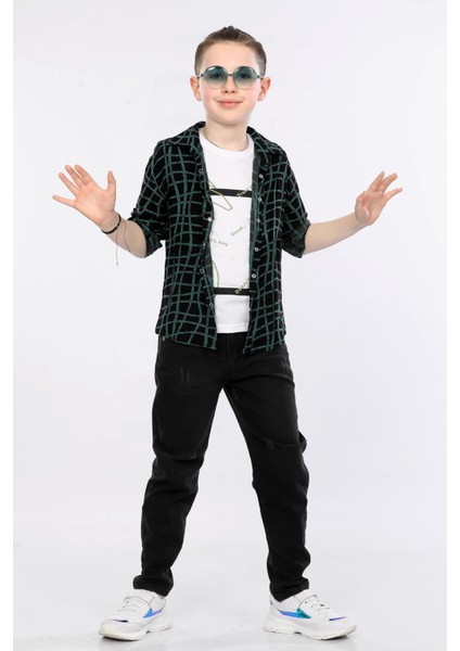 Erkek Çocuk 3'lü Takım Desenli Gömlek, Tişört ve Kot Pantolon MRN2434