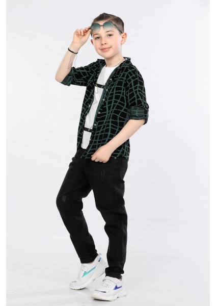 Erkek Çocuk 3'lü Takım Desenli Gömlek, Tişört ve Kot Pantolon MRN2434 fiyatları