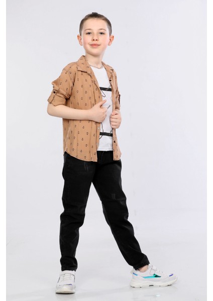 Erkek Çocuk 3'lü Takım Gemici Desenli Gömlek, Tişört ve Kot Pantolon MRN2433