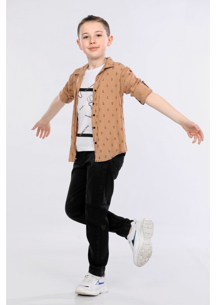 Erkek Çocuk 3'lü Takım Gemici Desenli Gömlek, Tişört ve Kot Pantolon MRN2433 fiyatları