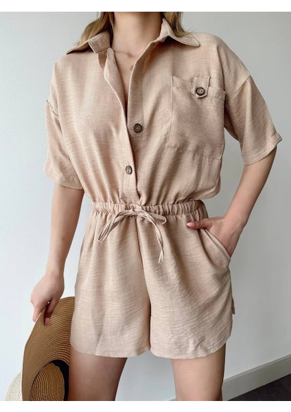 Tek Cep Detaylı Lastikli Bel Kadın Tulum