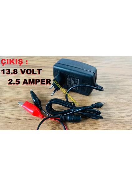 Ata Elektronik Kaliteli Ürün - 12 Volt 2.5 Amper Akülü Araba Motorsiklet Aküsü Şarj Cihazı Adaptörü + Otomatik Voltaj Kesicili  LED Işıklı Dolum Bittiğinde Yeşil Işık Yanar +Extra Maşalı Timsah Kablo