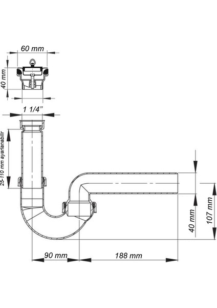 koku önleyici evye sifonu 100/0, 1 1/4'', DN40, paslanmaz delikli süzgeçli, koku yapmaz, kolay uygulanır, her yöne dönebilen mafsallı 40'lık çıkış borulu