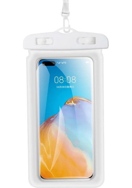 Su Geçirmez Hava Yastıklı Askılı Telefon Koruma Deniz Havuz Banyo Dokunmatik Kılıf Beyaz