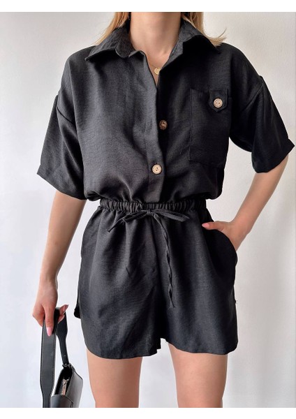 Tek Cep Detaylı Lastikli Bel Kadın Tulum