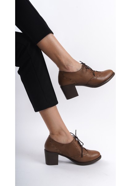 Kadın Deri Bağcıklı Klasik Topuklu Ayakkabı Klasik Kadın Ayakkabı Cevız 37