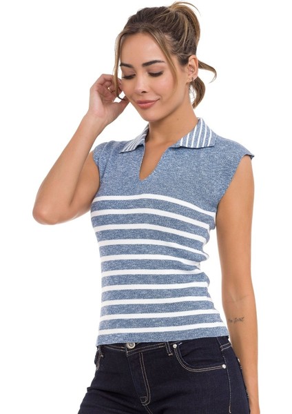 Wt353 Polo Yaka Çizgili Triko Kadın T-Shirt indirimleri