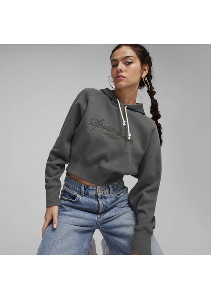 Kadın Mineral Gray Puma Classıcs+ Relaxed Cropped Hoodie Koyu Gri Kadın Sweatshirt