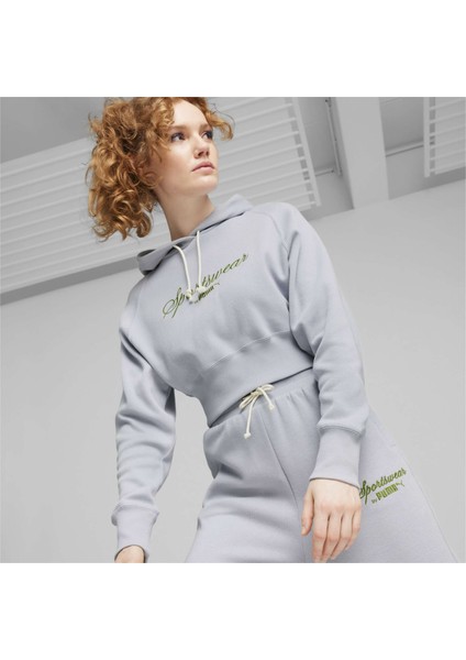 Kadın Gray Fog Puma Classıcs+ Relaxed Cropped Hoodie Gri Kadın Sweatshirt