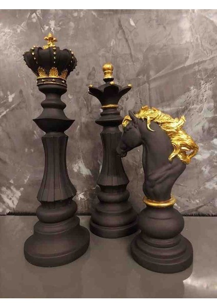 3'lü Set Dekoratif Satranç Biblo Takımı, Satranç Heykel Set, Chess Set, Şah Vezir At Dekoratif Biblo