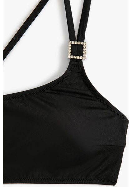 Tek Omuz Bikini Üstü Taşlı Metal Toka Detaylı Mat Kumaş Dokulu
