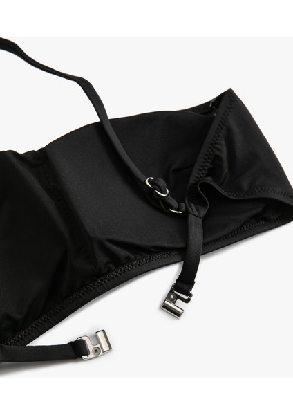 Tek Omuz Bikini Üstü Taşlı Metal Toka Detaylı Mat Kumaş Dokulu