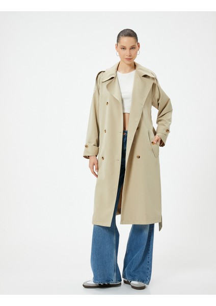 Trençkot Uzun Kruvaze Ters Yaka Düğmeli Apolet Detaylı