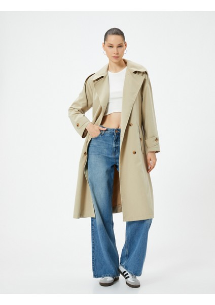 Trençkot Uzun Kruvaze Ters Yaka Düğmeli Apolet Detaylı fiyatları