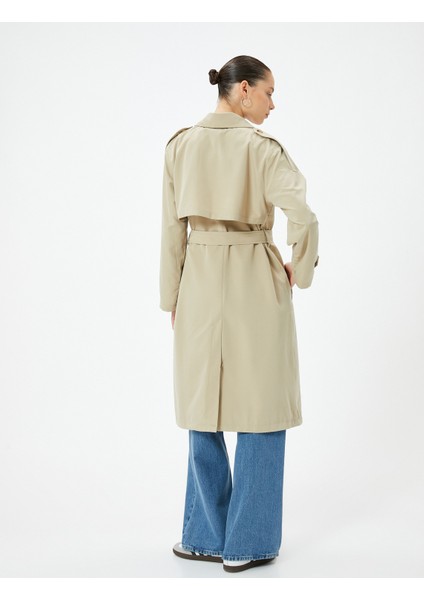 Trençkot Uzun Kruvaze Ters Yaka Düğmeli Apolet Detaylı fırsatları