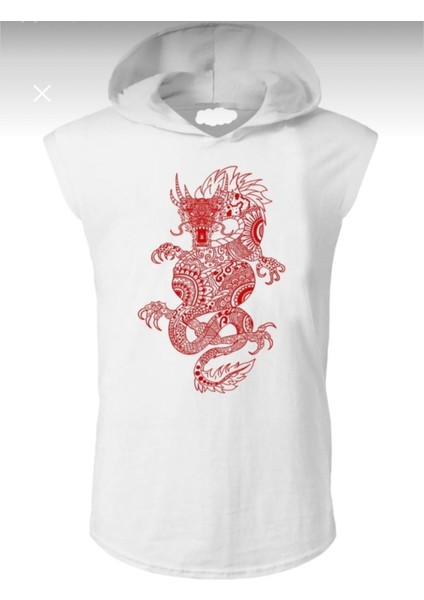 Oversize Kapüşonlu Sıfır Kol Ejderha Baskılı T*şhirt