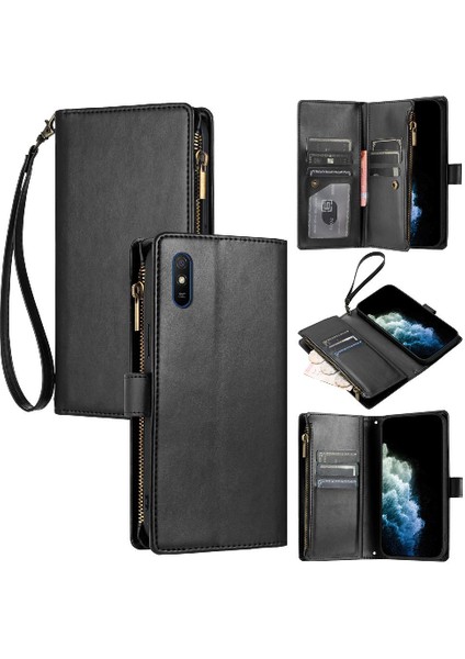 Xiaomi Redmi 9A Için Kılıf Folio Kapak Çanta Kapak Cüzdan Fermuar Pu Deri (Yurt Dışından)