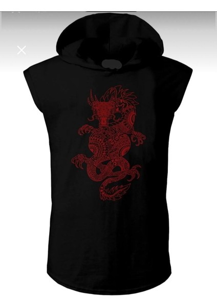 Oversize Kapüşonlu Sıfır Kol Ejderha Baskılı T*şhirt
