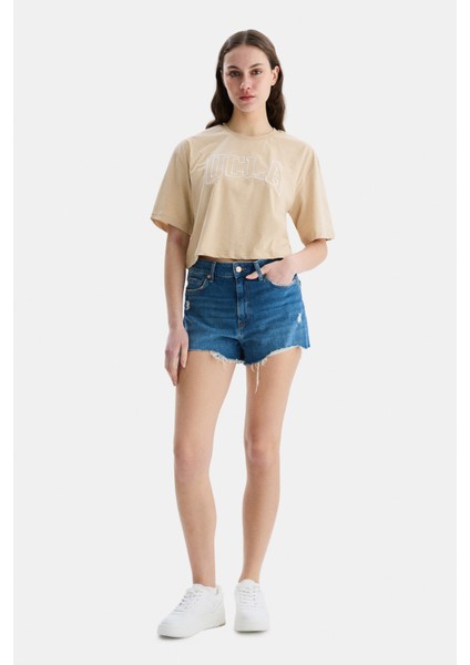 Helena Kahve Bisiklet Yaka Oversize Crop Nakışlı Oversize Kadın Tshirt