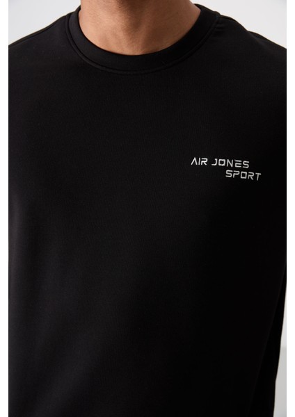 Air Jones Ekru - Siyah Pamuklu Kalın Yumuşak Dokulu Comfort Fit Nakışlı Erkek Eşofman Takım - 85254