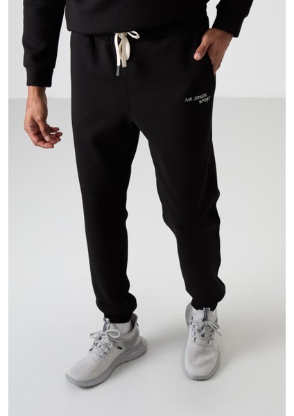 Ekru - Siyah Pamuklu Kalın Yumuşak Dokulu Comfort Fit Nakışlı Erkek Eşofman Takım - 85254 modelleri