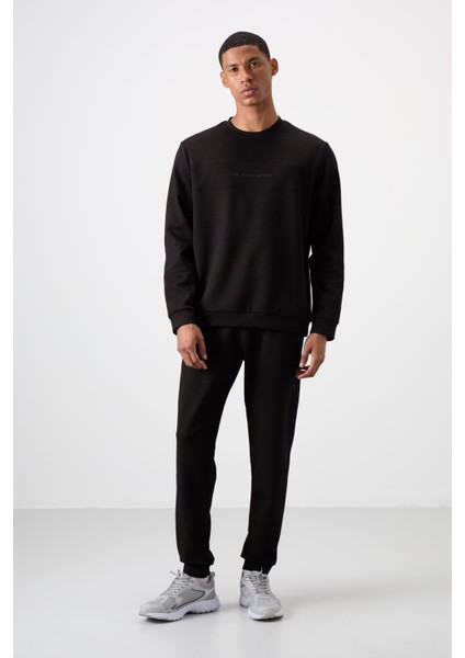 Siyah - Siyah Pamuklu Kalın Yumuşak Dokulu Comfort Fit Baskılı Erkek Eşofman Takım - 85253 fırsatları