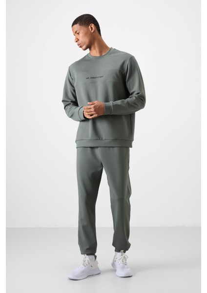 Haki - Haki Pamuklu Kalın Yumuşak Dokulu Comfort Fit Baskılı Erkek Eşofman Takım - 85253