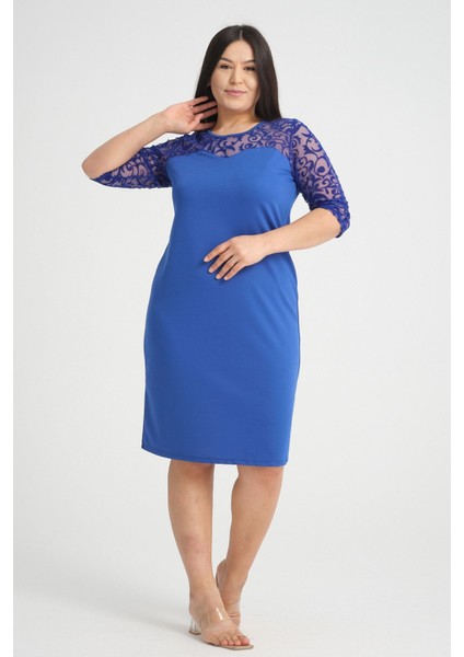 Saks Floklu Büyük Beden Elbise 23D-2534