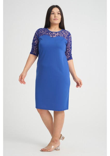 Saks Floklu Büyük Beden Elbise 23D-2534 modelleri