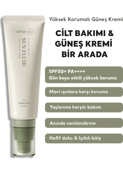 Village 11 Factory Daily Mild Sun Fluid SPF50+ PA++++ 50ml - Hafif Dokulu Günlük Vegan Güneş Kremi