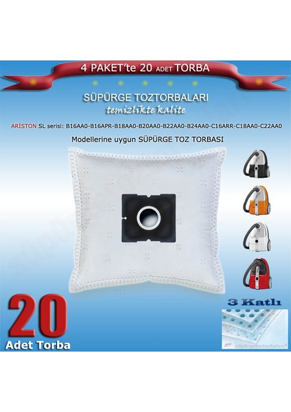 Ariston Sl - B16 Aa0 - B16 Apr - B18 Aa0 - B20 Aa0 - B22 Aa0 - B24 Aa0 - C16 Arr - C18 Aa0 - C22 Aa0 Modellerine Uyumlu Süpürge Toz Torbası 200120