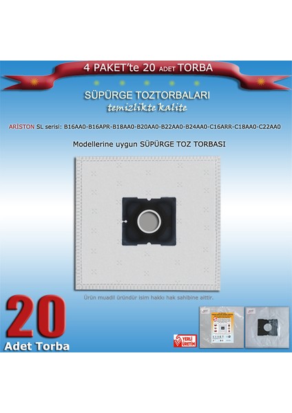 Ariston Sl - B16 Aa0 - B16 Apr - B18 Aa0 - B20 Aa0 - B22 Aa0 - B24 Aa0 - C16 Arr - C18 Aa0 - C22 Aa0 Modellerine Uyumlu Süpürge Toz Torbası 200120